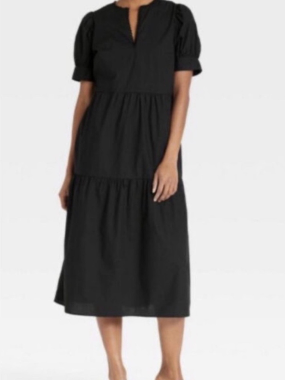 NWT Who What Wear Black Puff-Sleeve Tiered Midi Dress